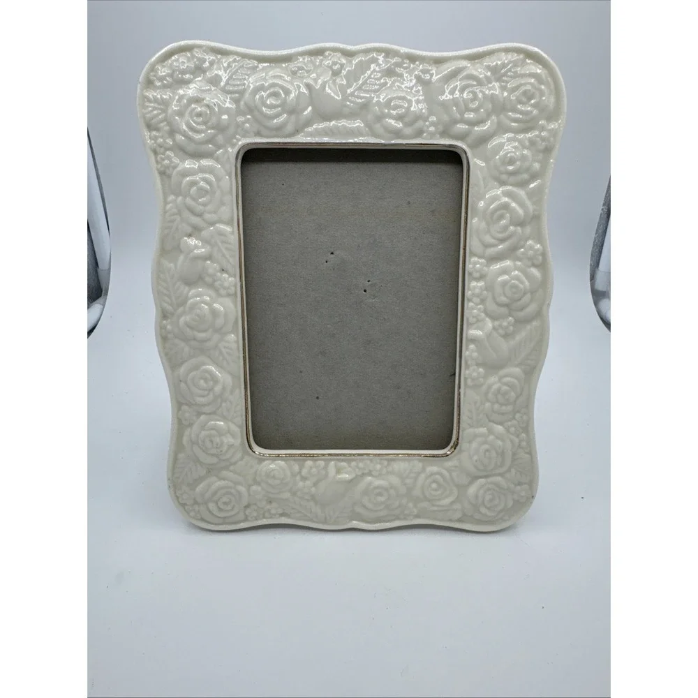 Vintage Ceramic Picture Frame Embossed Roses Romantic 6.5 x 6 Feminine Coquette